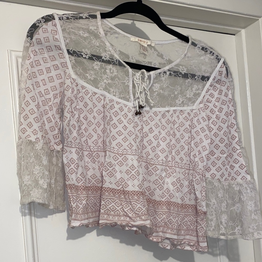 Free People White Top with Dusty Rose Geometric Print and Lace Yoke
